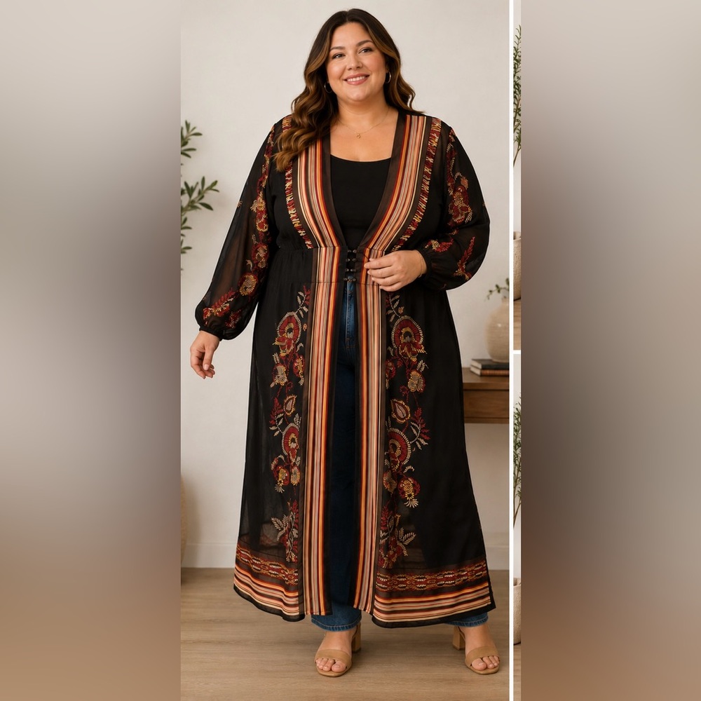 Ashley Stewart Black Maxi Floral print duster/kimono 14/16